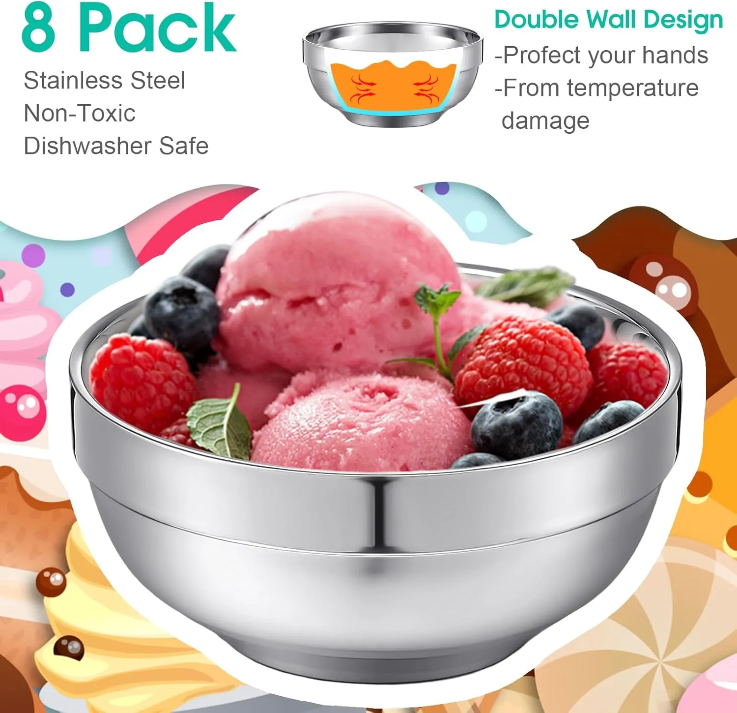 8 Pack 28 oz Stainless Steel Bowls Double Walled Insulated Ice Cream Bowls for Serving Soup Rice Cereal (Platinum Style)