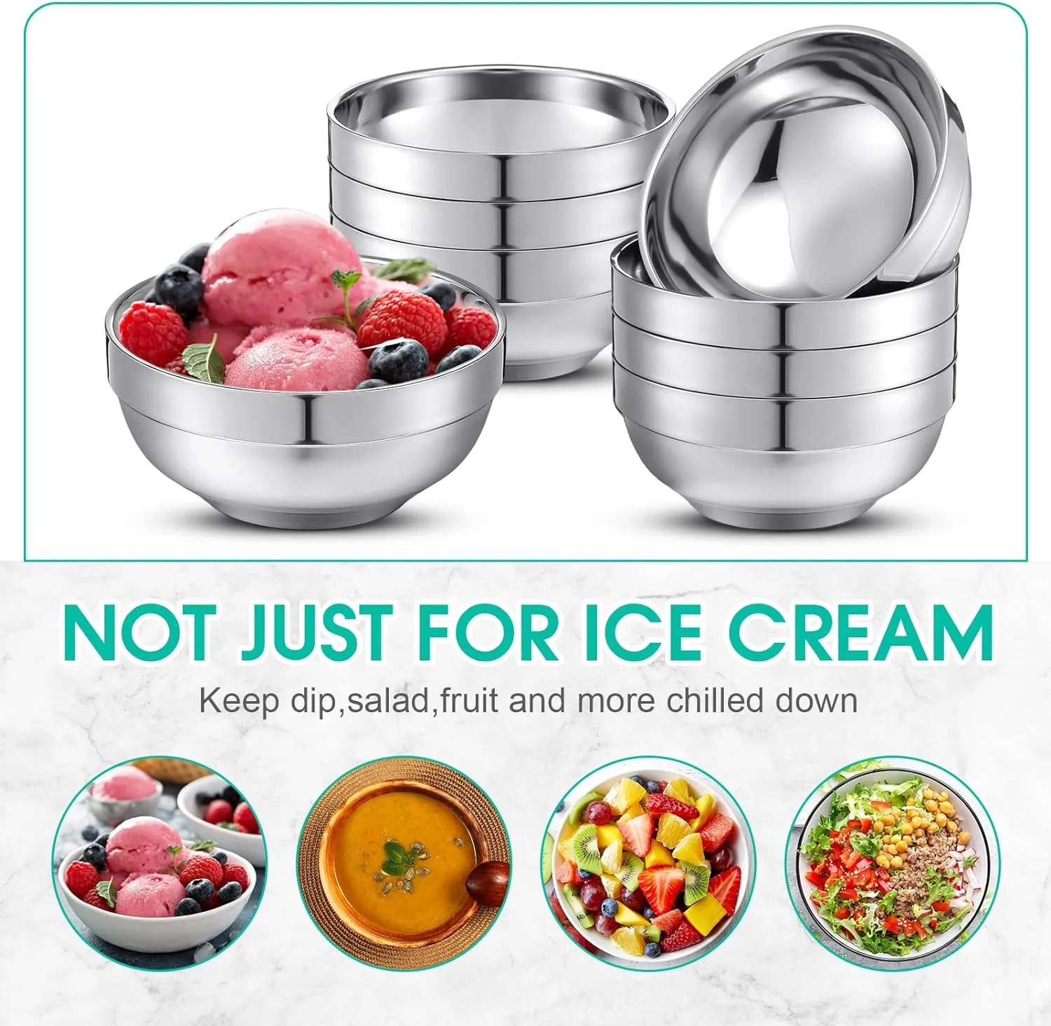 8 Pack 28 oz Stainless Steel Bowls Double Walled Insulated Ice Cream Bowls for Serving Soup Rice Cereal (Platinum Style)