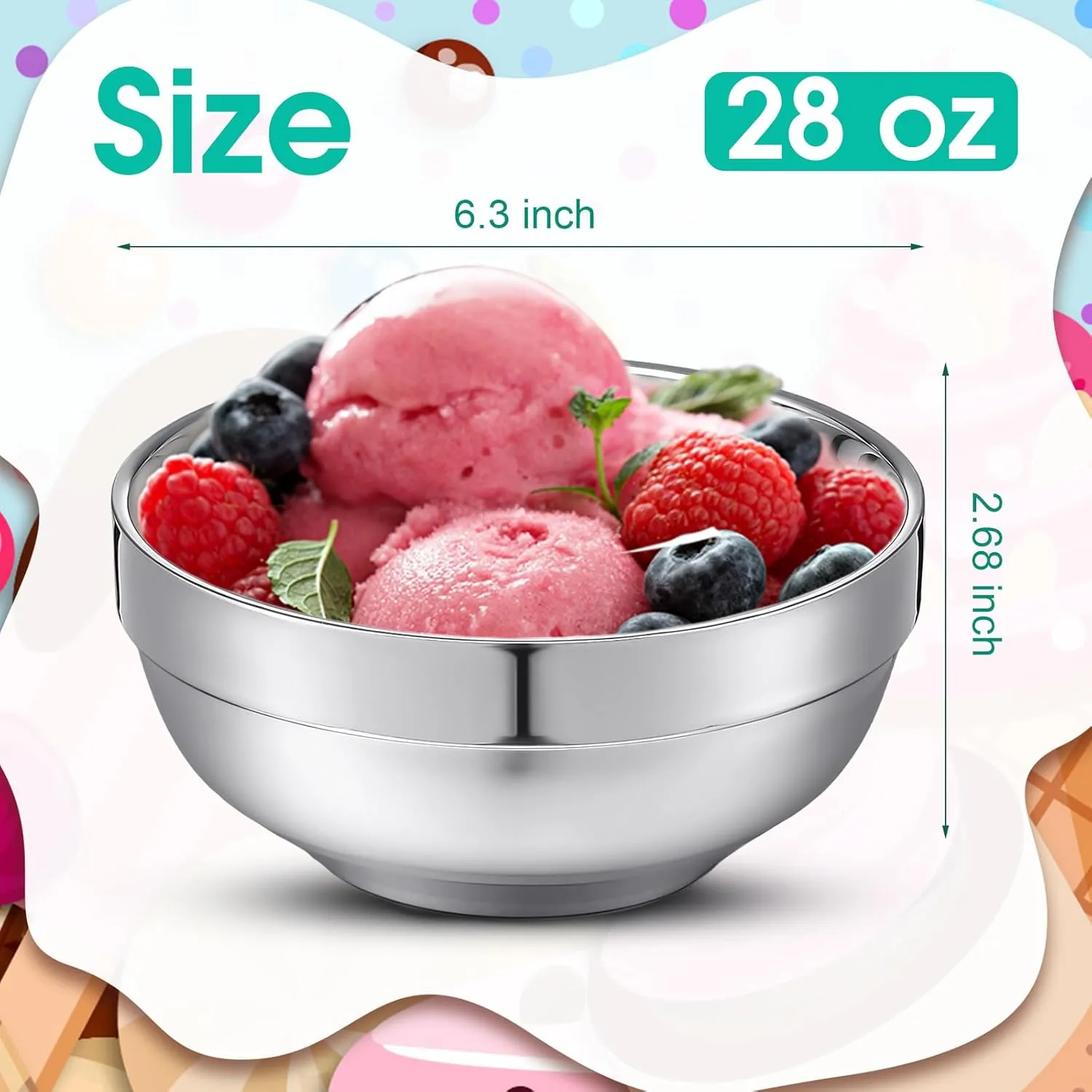 8 Pack 28 oz Stainless Steel Bowls Double Walled Insulated Ice Cream Bowls for Serving Soup Rice Cereal (Platinum Style)