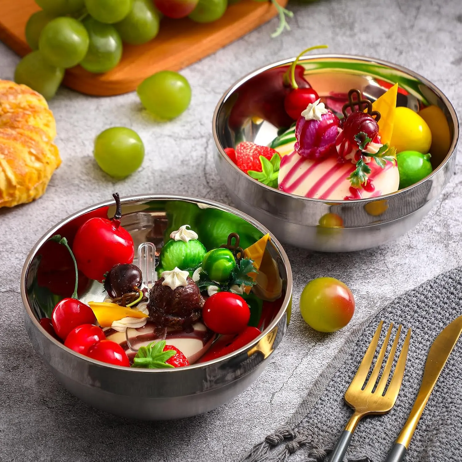 8 Pack 28 oz Stainless Steel Bowls Double Walled Insulated Ice Cream Bowls for Serving Soup Rice Cereal (Platinum Style)