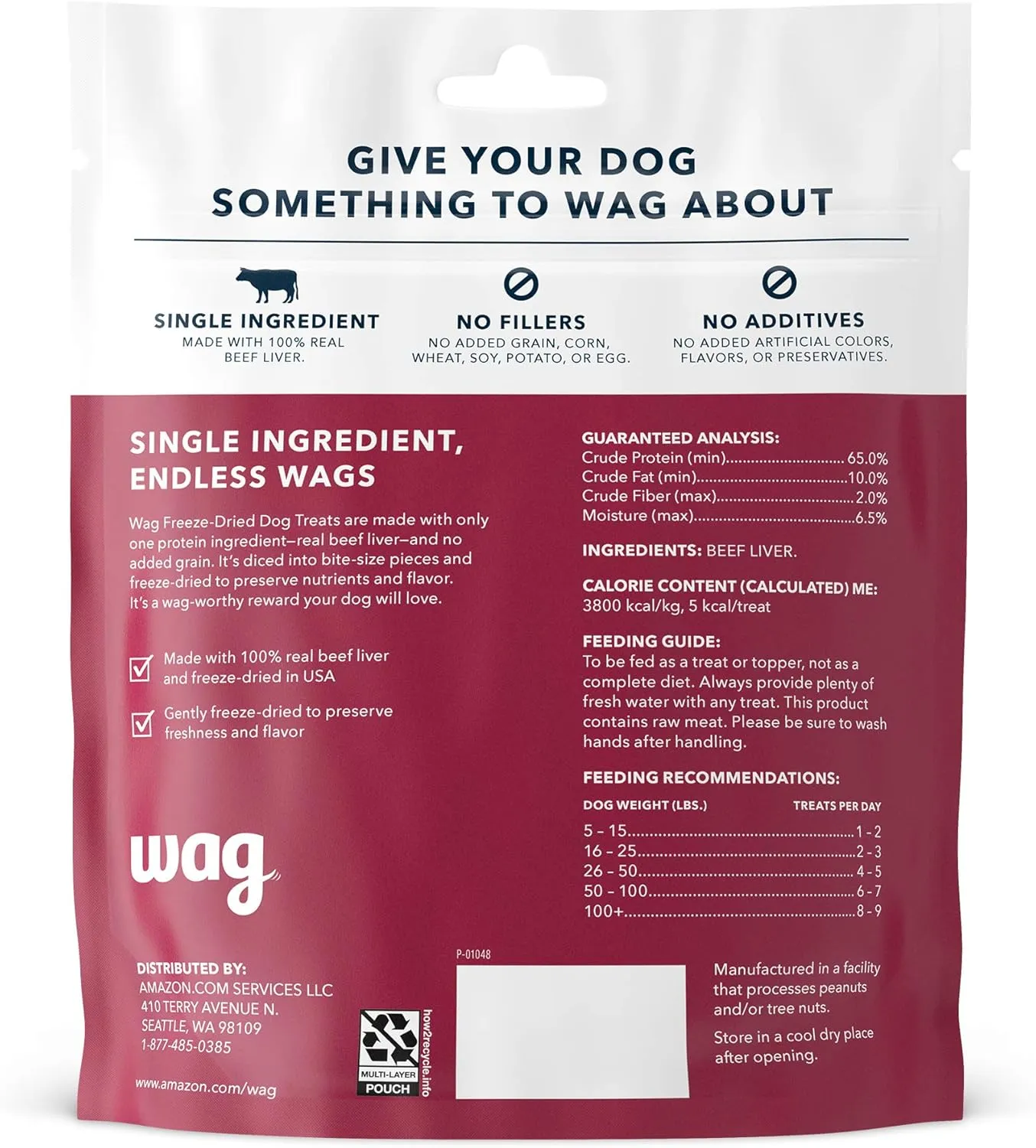 Amazon Brand - Wag Freeze-Dried Raw Single Ingredient Dog Treats Beef, 3.3oz (Pack of 2)