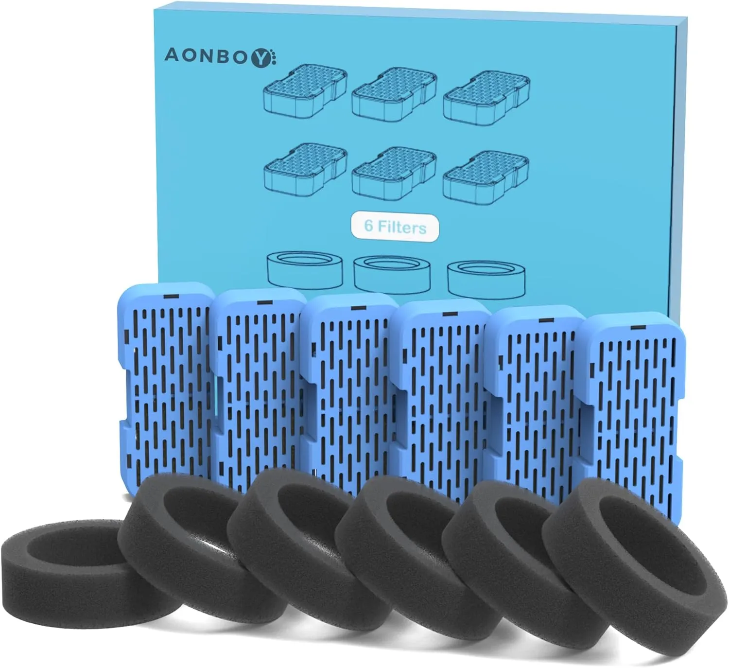 AONBOY Cat Water Fountain Filters, 6 Filters   6 Cat Fountain Sponge, Suitable for AONBOY Pet Fountain S3-SC, Multiple Filtration, Isolates Floating Hairs and gets rid of Odors