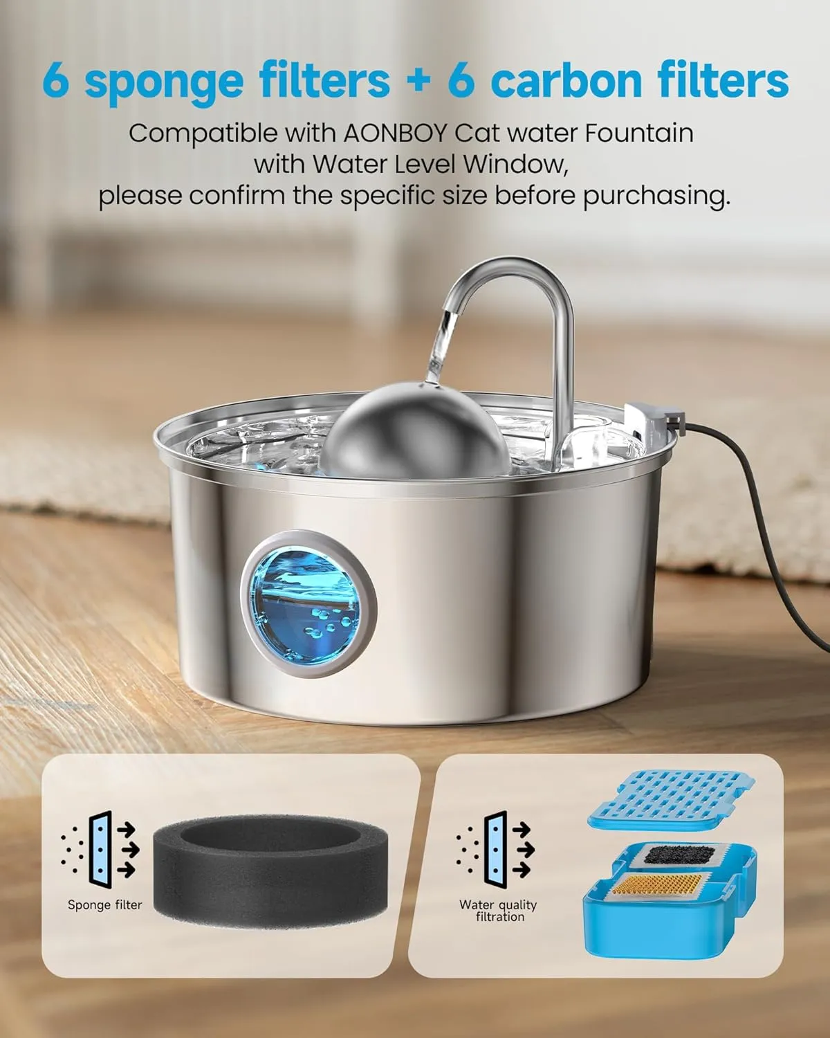 AONBOY Cat Water Fountain Filters, 6 Filters   6 Cat Fountain Sponge, Suitable for AONBOY Pet Fountain S3-SC, Multiple Filtration, Isolates Floating Hairs and gets rid of Odors