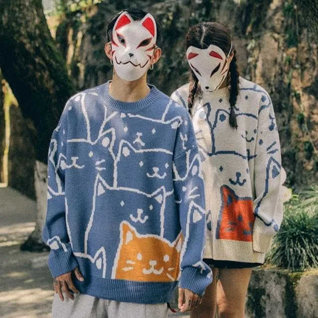 Cat Graphic Men Grandpa Sweater Japanese Gothic Knit Outwear Emo Alt Crew Neck Clothing Cute Y2k Long Sleeve Tops