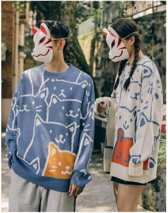 Cat Graphic Men Grandpa Sweater Japanese Gothic Knit Outwear Emo Alt Crew Neck Clothing Cute Y2k Long Sleeve Tops