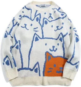 Cat Graphic Men Grandpa Sweater Japanese Gothic Knit Outwear Emo Alt Crew Neck Clothing Cute Y2k Long Sleeve Tops