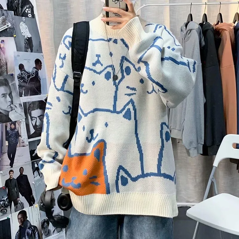 Cat Graphic Men Grandpa Sweater Japanese Gothic Knit Outwear Emo Alt Crew Neck Clothing Cute Y2k Long Sleeve Tops