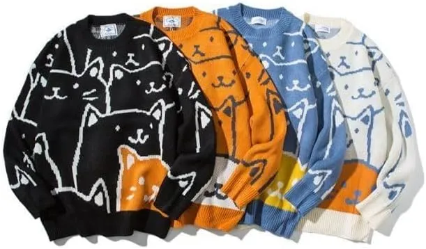 Cat Graphic Men Grandpa Sweater Japanese Gothic Knit Outwear Emo Alt Crew Neck Clothing Cute Y2k Long Sleeve Tops