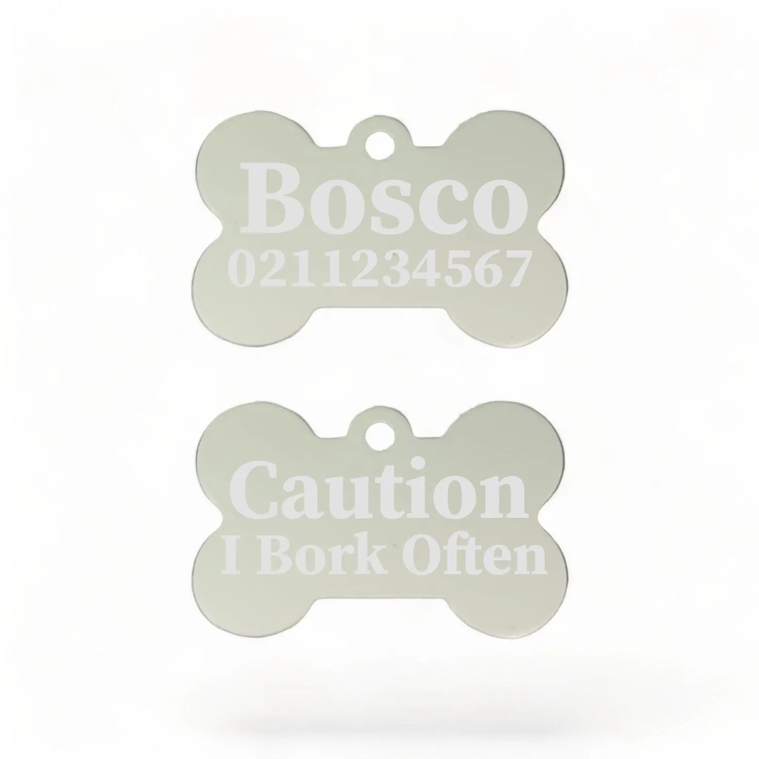 Caution I Bork Often | Bone Aluminium | Dog ID Pet Tag