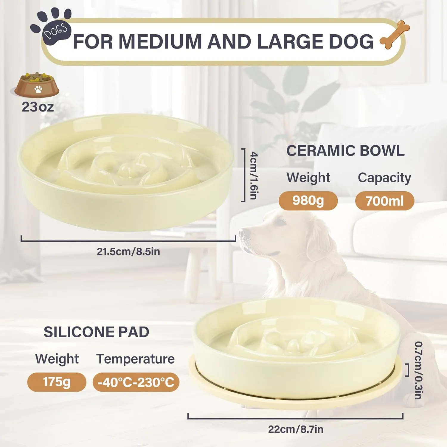 Ceramic Slow Feed Dog Bowl with Silicone Mat, Heavy and Durable, Food-Grade, Dishwasher and Microwave Safe, for Medium and Large Dogs (Cream White)