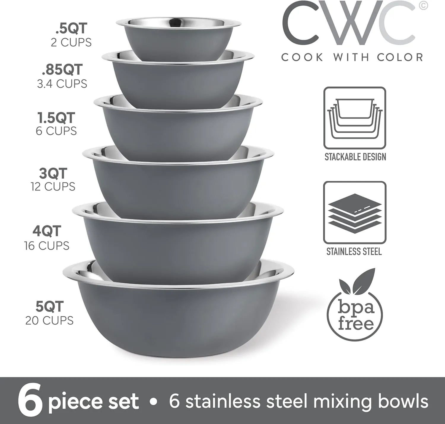 COOK WITH COLOR Stainless Steel Mixing Bowls Set - Nesting Bowls, 6 Pieces, Grey