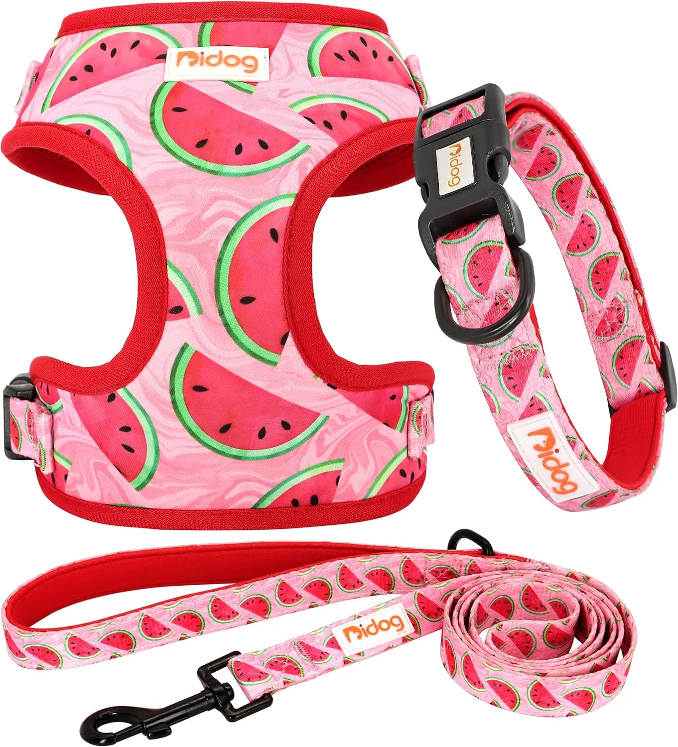 Didog No Pull Dog Harness Collar and Leash Set, Cute Pattern Puppy Dog Harness with Adjustable Collars and Leash, Soft Padded Air Mesh Vest for Small Dogs Walking Training(Watermelon, S)