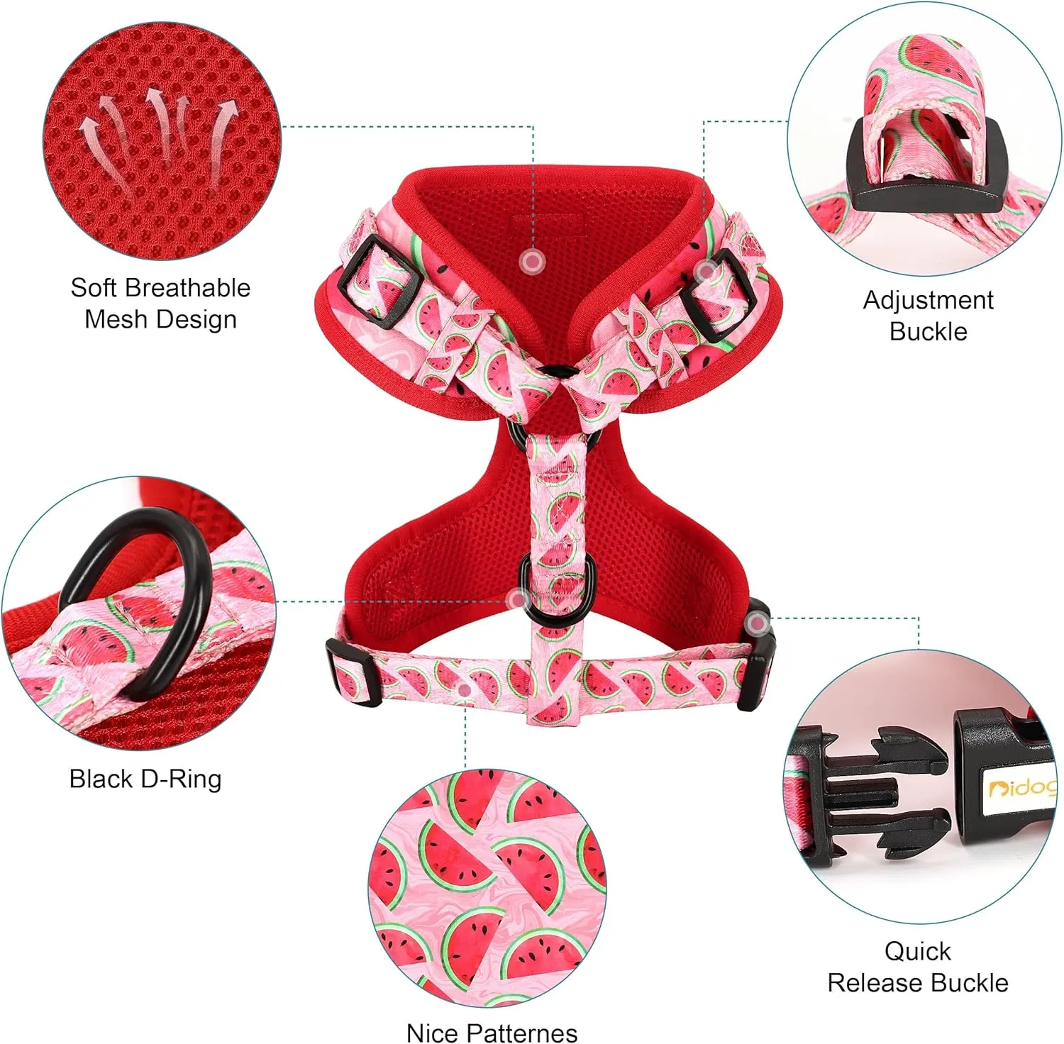 Didog No Pull Dog Harness Collar and Leash Set, Cute Pattern Puppy Dog Harness with Adjustable Collars and Leash, Soft Padded Air Mesh Vest for Small Dogs Walking Training(Watermelon, S)
