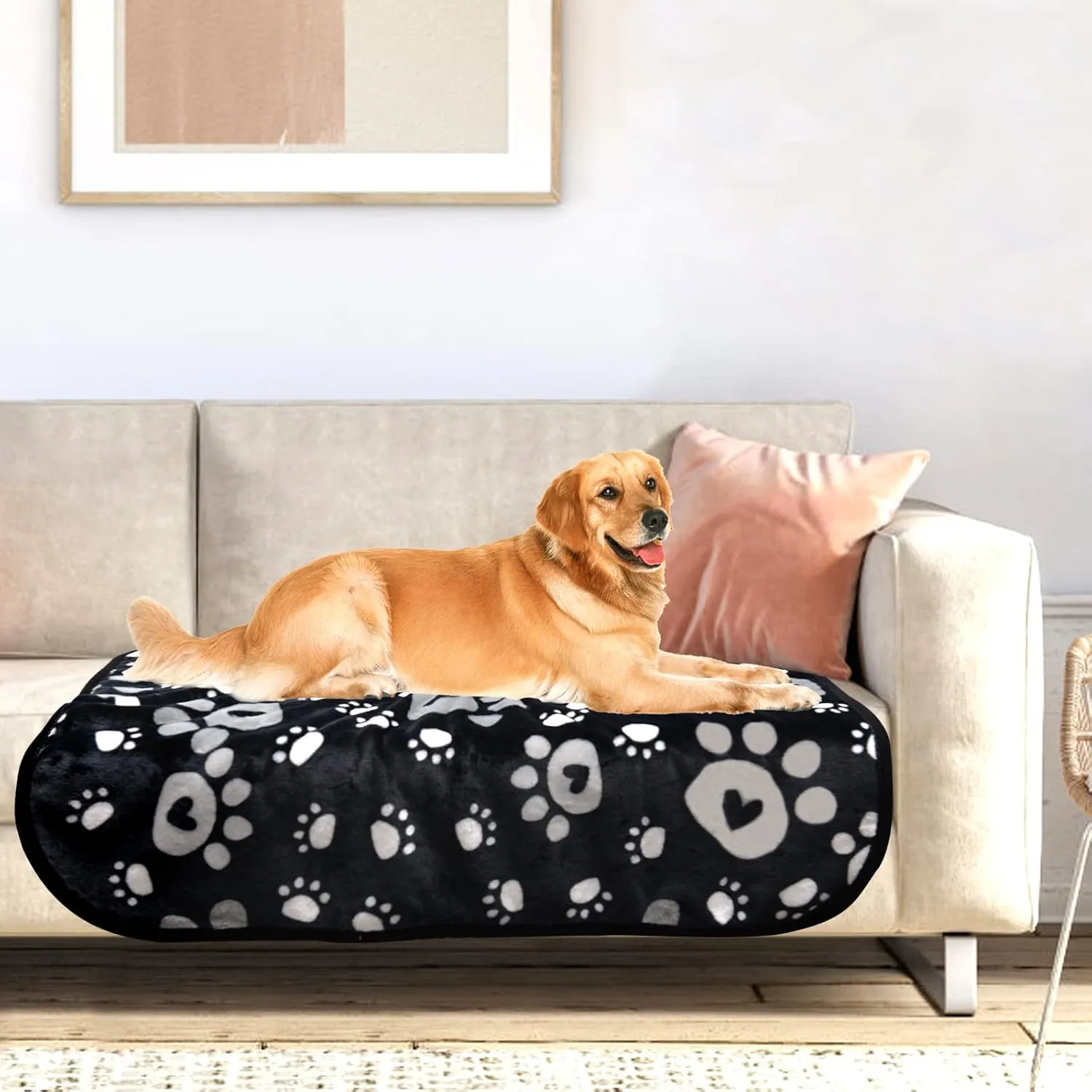 Dog Blanket, Soft Fleece Dog Blankets for Large Dogs, Fluffy Flannel Pet Cat Puppy Blanket Mat Cover for Bed Couch, Cute Paw Print Throw Blanket for Dogs, Black 60"X50"