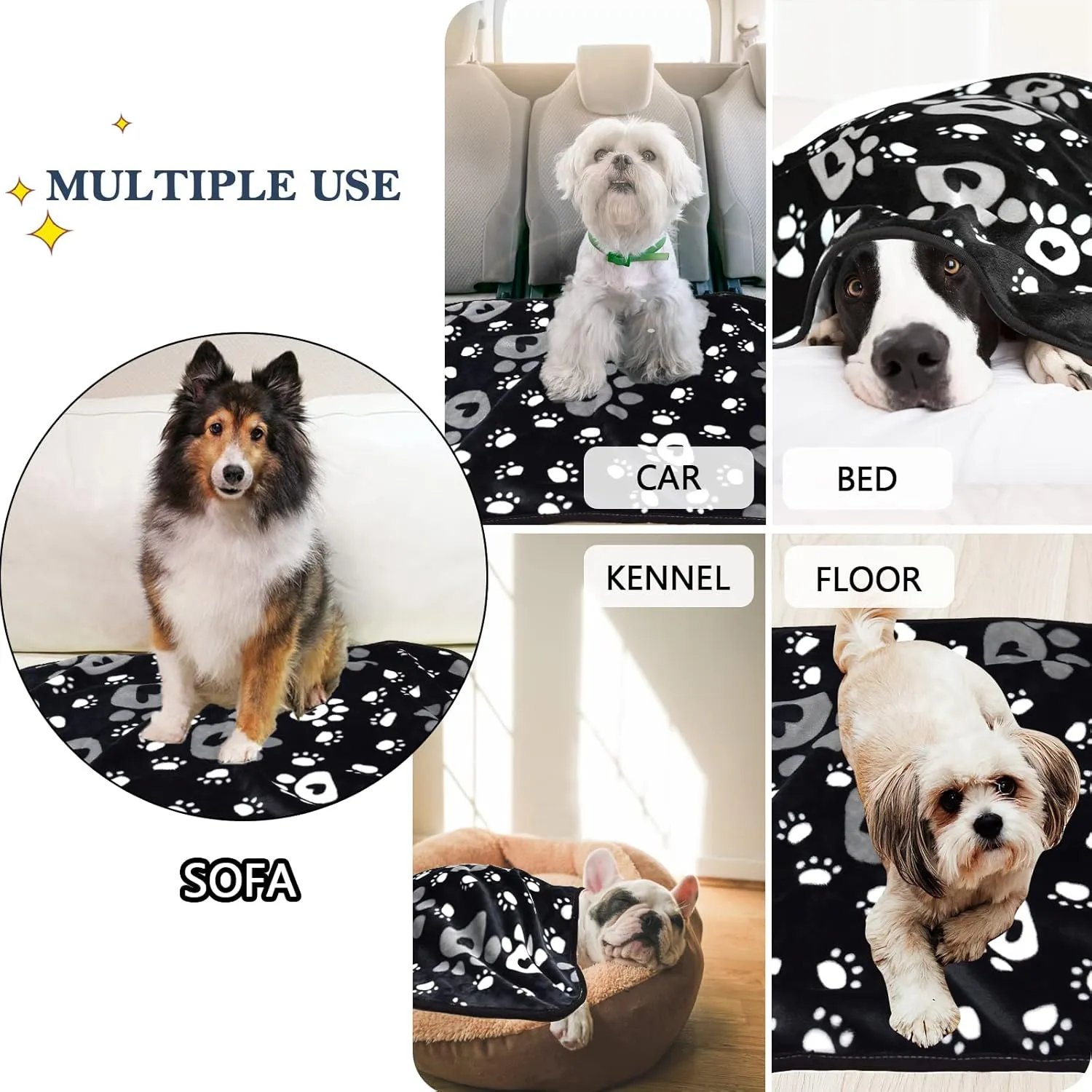 Dog Blanket, Soft Fleece Dog Blankets for Large Dogs, Fluffy Flannel Pet Cat Puppy Blanket Mat Cover for Bed Couch, Cute Paw Print Throw Blanket for Dogs, Black 60"X50"