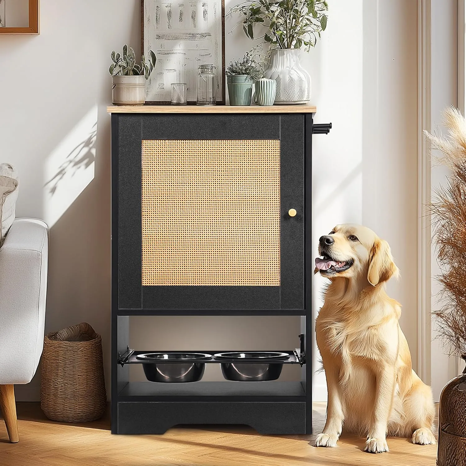 Dog Feeding Station with Storage, Pet Feeding Station with 2 Elevated Dog Bowls, Side Hooks, Anti-tip Kit, Pet Feeder Station for Feeding and Drinking, Dog Food Cabinet Feeding Station, Black