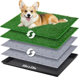 Dog Grass Pad with Tray - 35''x23'' Portable Dog Litter Box with 2 Pack Hemmed Edge Artificial Grass Patch   2 Washable Reusable Pee Pads, Indoor Outdoor Fake Grass Pad for Dogs Potty