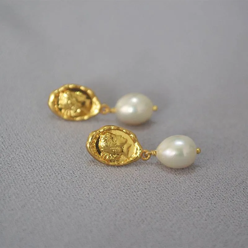 Face Coin Gold Freshwater Pearl Earrings