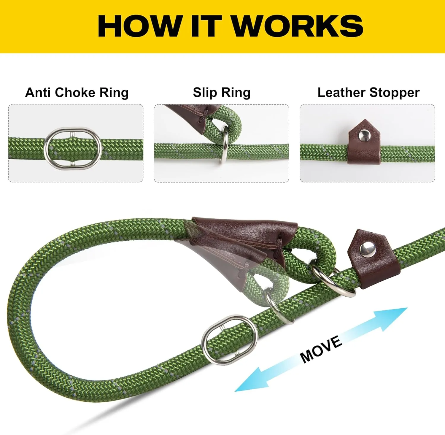 Fida Durable Slip Lead, 6 FT x 1/2" Heavy Duty Loop Leash, Comfortable Strong Rope for Large, Medium Dogs, No Pull Pet Training With Highly Reflective, Green
