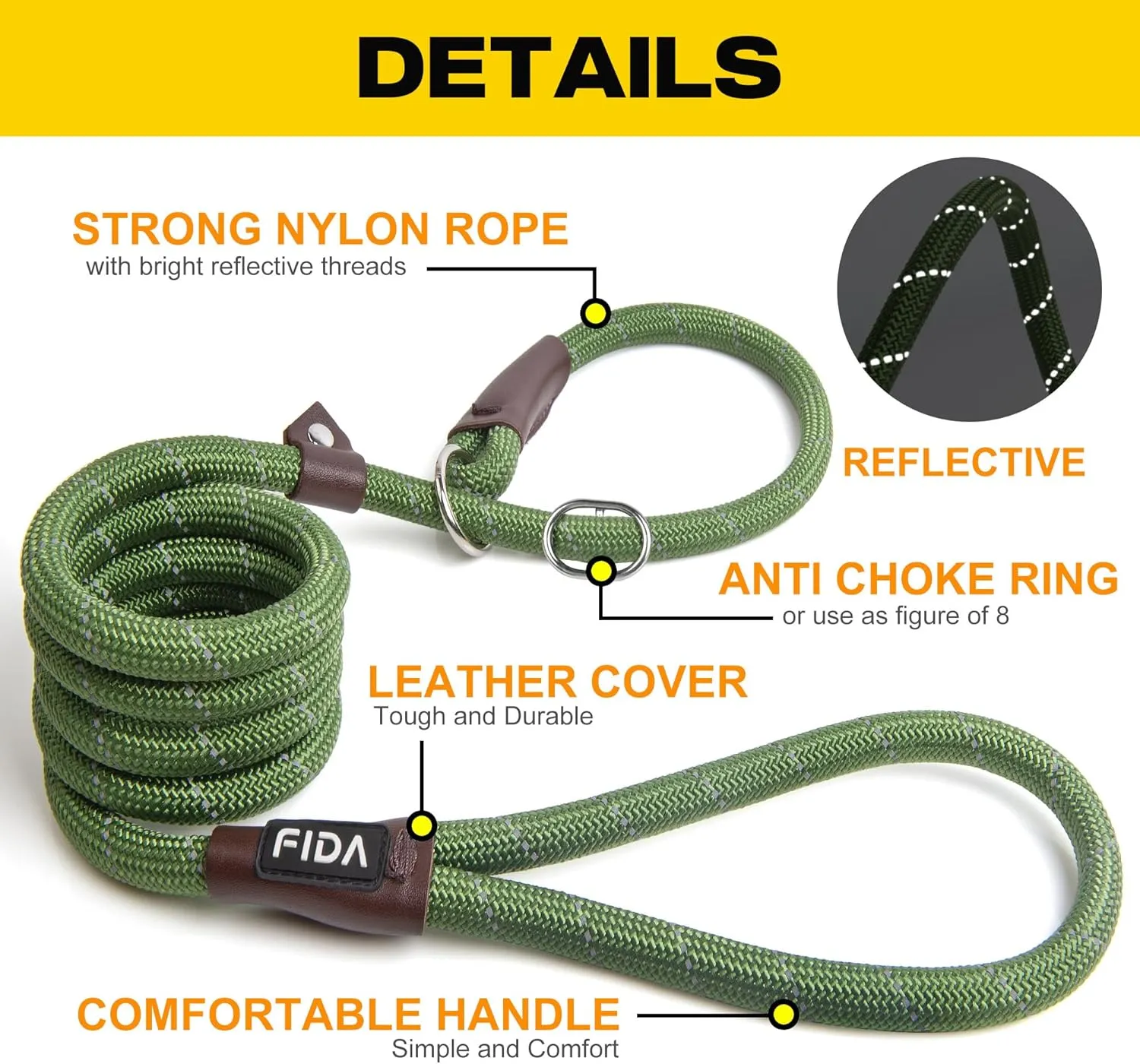 Fida Durable Slip Lead, 6 FT x 1/2" Heavy Duty Loop Leash, Comfortable Strong Rope for Large, Medium Dogs, No Pull Pet Training With Highly Reflective, Green
