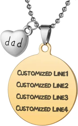Free Engraving Name ID Tag Personalized Stainless Steel Round Pendant Necklace Pet Tag Dad Charm - Gold