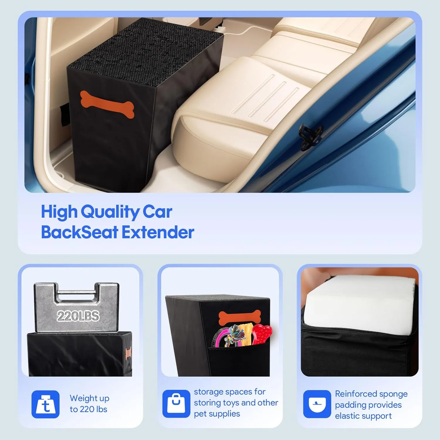 Front and Back Seat Extender for Dogs, Hard Bottom Dog Ramp Stairs for Car, Bed, Sofa or Car Accessories, Black
