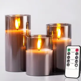 Glass Battery Operated LED Pillar Flameless Candles with10-Key Remote and Timer, Real Wax Candles Warm Color Wick Flickering Light for Festival Wedding bar Cafe Home Party Decor(Pack of 3)-Grey