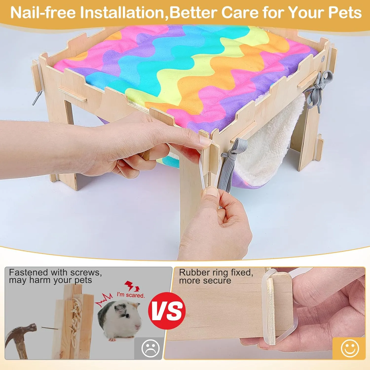 Guinea Pig Hideout with Hammock, Soft Guinea Pigs Hammock Wooden Guinea Piggy House with Stairs Large Guinea Pig Toys fit Guinea Pigs Cages Accessories for Small Animals