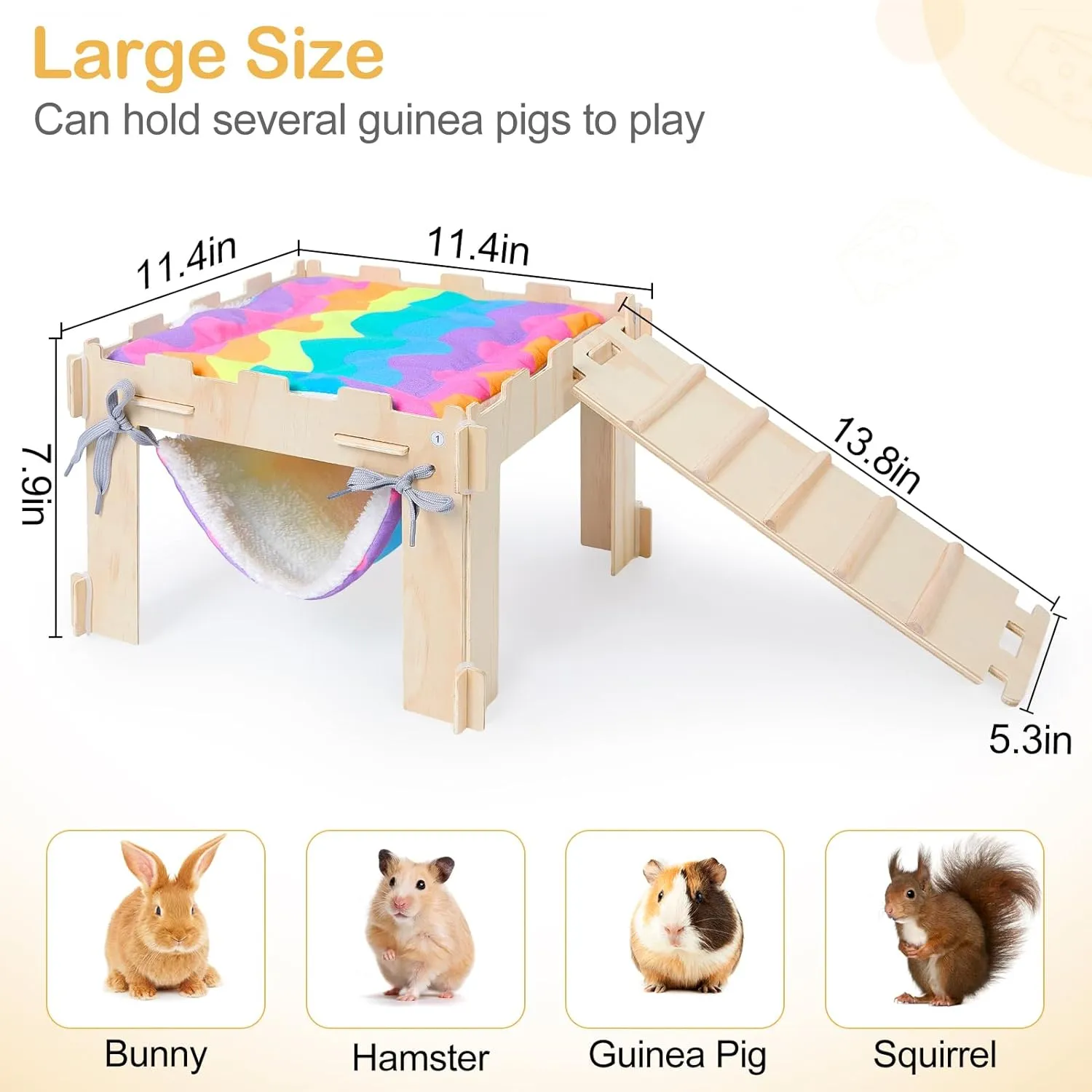 Guinea Pig Hideout with Hammock, Soft Guinea Pigs Hammock Wooden Guinea Piggy House with Stairs Large Guinea Pig Toys fit Guinea Pigs Cages Accessories for Small Animals