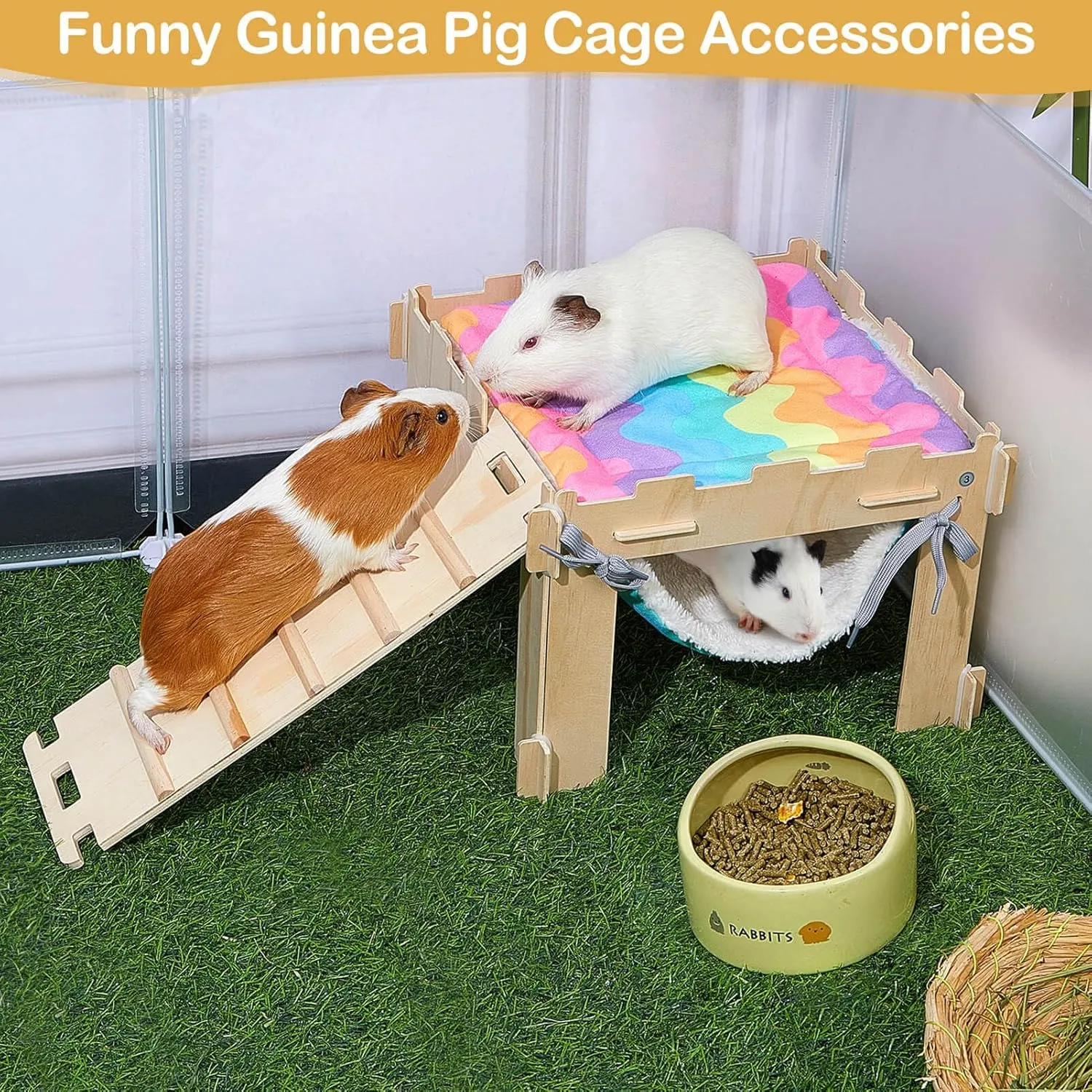 Guinea Pig Hideout with Hammock, Soft Guinea Pigs Hammock Wooden Guinea Piggy House with Stairs Large Guinea Pig Toys fit Guinea Pigs Cages Accessories for Small Animals