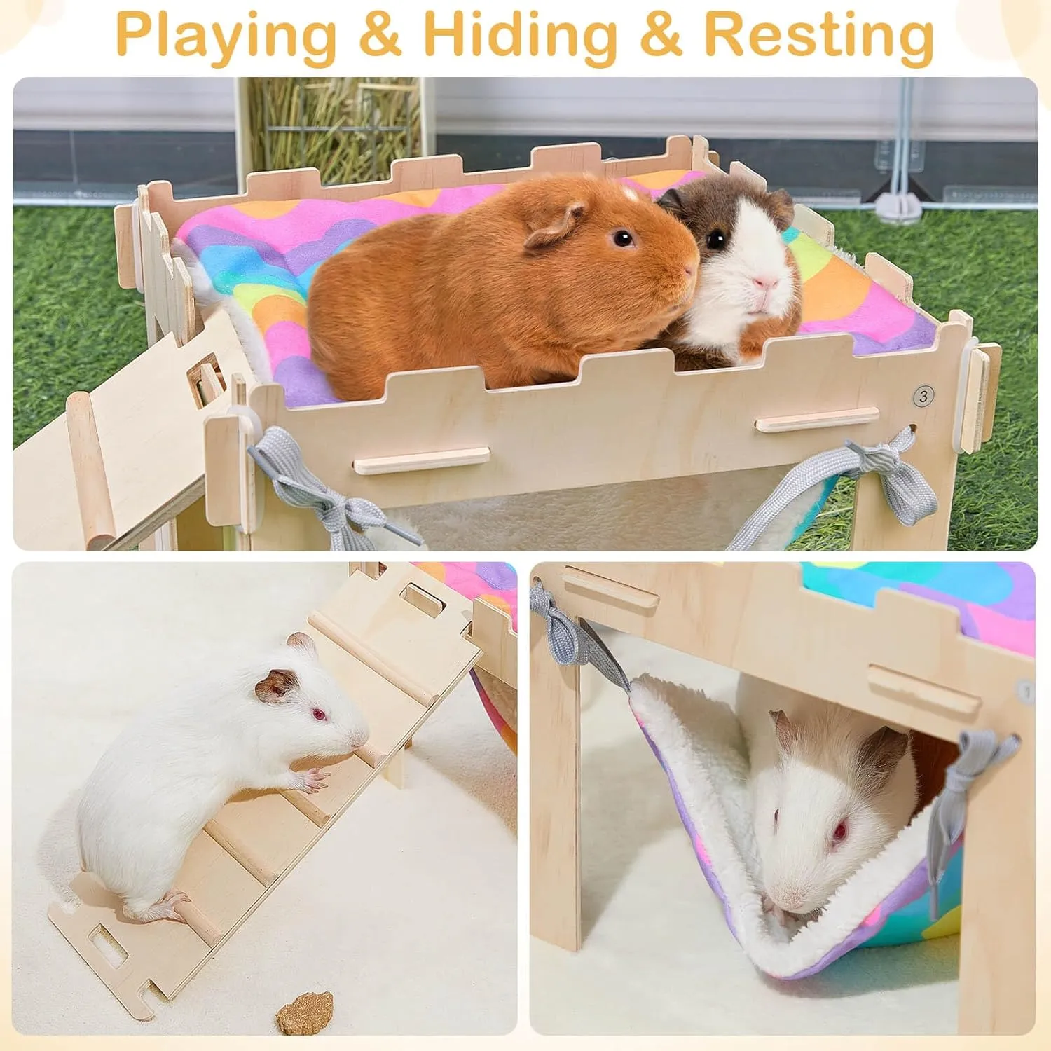 Guinea Pig Hideout with Hammock, Soft Guinea Pigs Hammock Wooden Guinea Piggy House with Stairs Large Guinea Pig Toys fit Guinea Pigs Cages Accessories for Small Animals