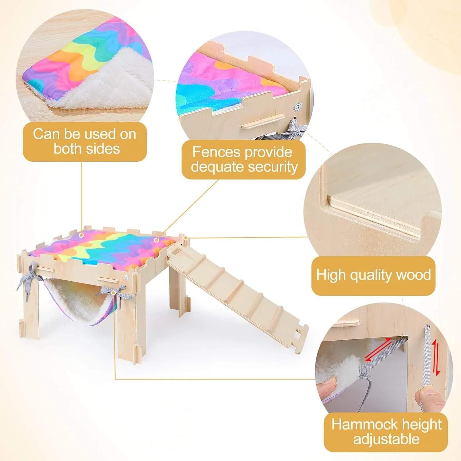 Guinea Pig Hideout with Hammock, Soft Guinea Pigs Hammock Wooden Guinea Piggy House with Stairs Large Guinea Pig Toys fit Guinea Pigs Cages Accessories for Small Animals