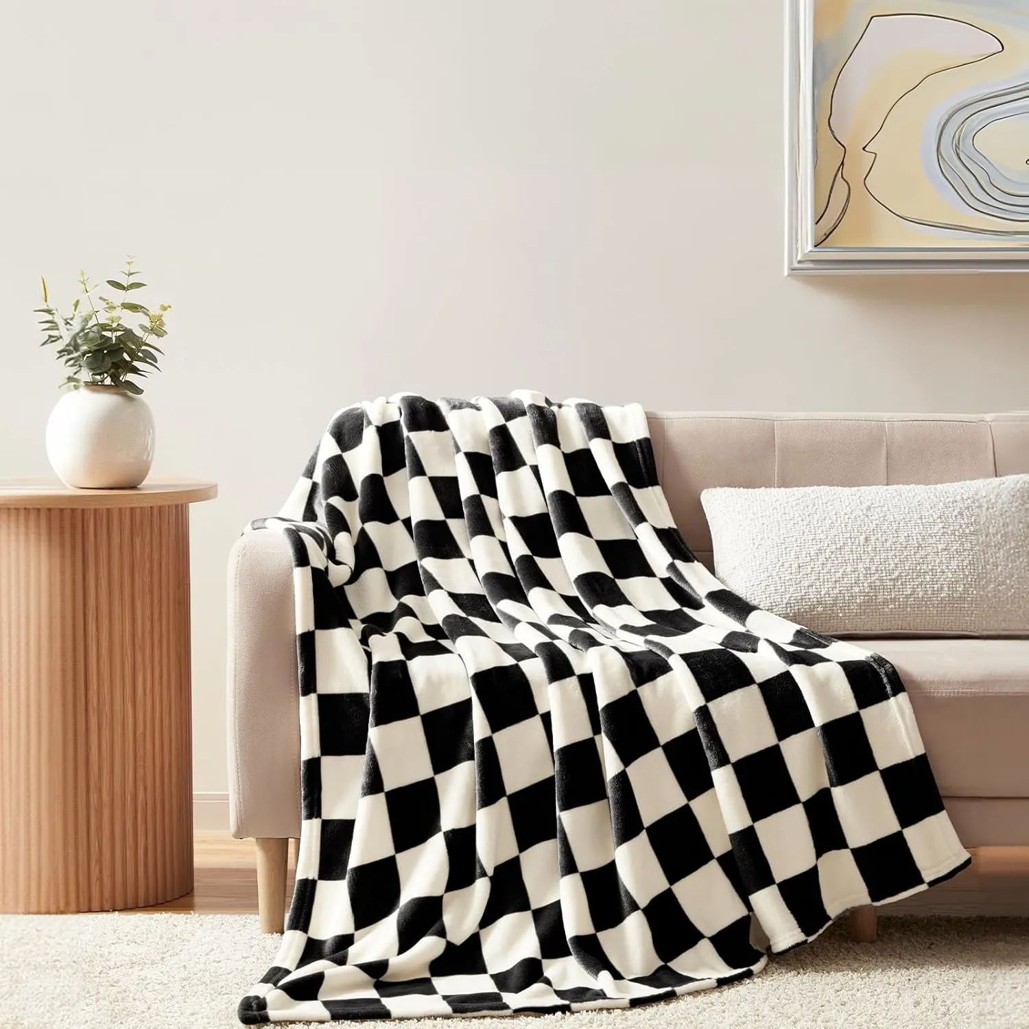 Homelike Moment Checkered Twin Size Blanket, Soft Fluffy Fleece, Fuzzy Cozy Plush, Comfy Warm Lightweight Bed Blanket (Black, 60x80IN)