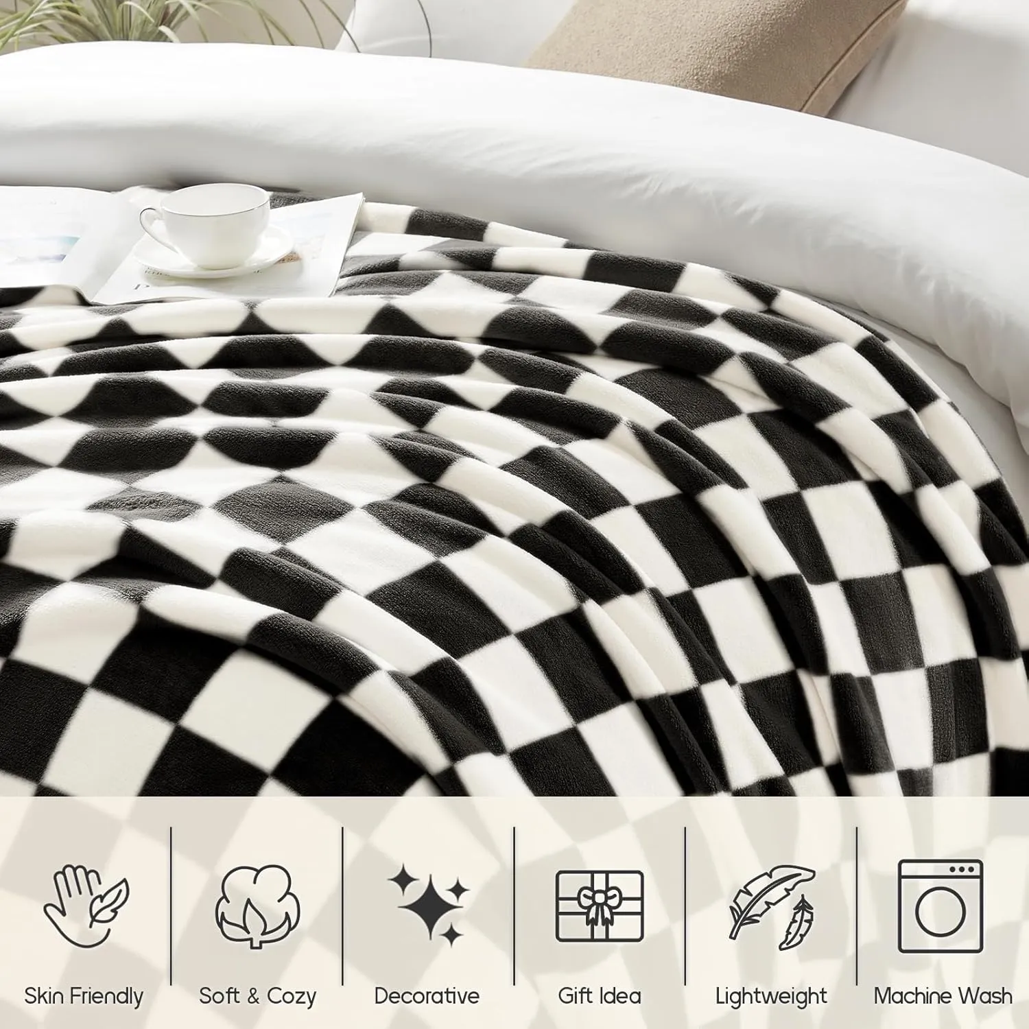 Homelike Moment Checkered Twin Size Blanket, Soft Fluffy Fleece, Fuzzy Cozy Plush, Comfy Warm Lightweight Bed Blanket (Black, 60x80IN)