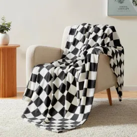 Homelike Moment Checkered Twin Size Blanket, Soft Fluffy Fleece, Fuzzy Cozy Plush, Comfy Warm Lightweight Bed Blanket (Black, 60x80IN)