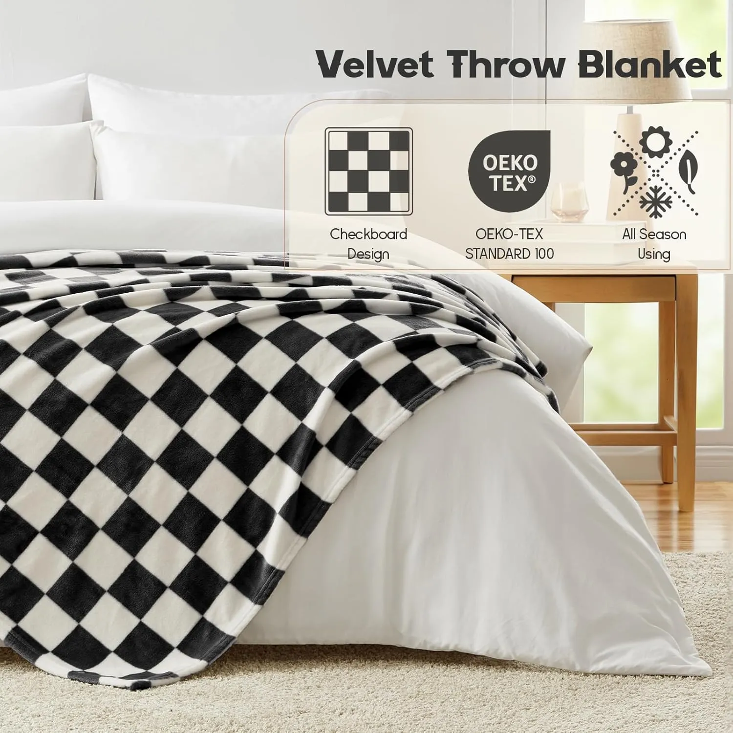 Homelike Moment Checkered Twin Size Blanket, Soft Fluffy Fleece, Fuzzy Cozy Plush, Comfy Warm Lightweight Bed Blanket (Black, 60x80IN)