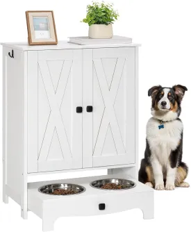 HOOBRO Dog Feeding Station with Storage, Elevated Dog Bowls Stand, Dog Food Storage Cabinet with Adjustable Shelf and Hooks, Sliding Drawer with 2 Hidden Bowls, Pet Feeder Station, White WT12PO03