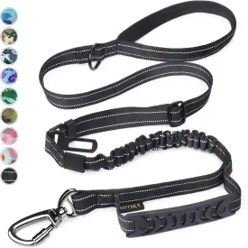 Hotsky Tactical Dog Leash Heavy Duty for Medium Large Dogs That Pull,4-6Ft Strong Bungee Shock Absorbing No Pull Dog Leash with Padded Double Handle and Car Seatbelt,Reflective Black