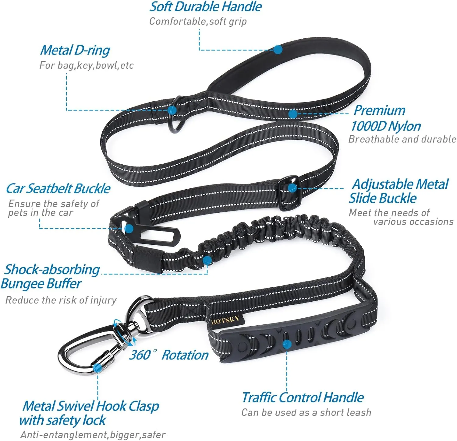Hotsky Tactical Dog Leash Heavy Duty for Medium Large Dogs That Pull,4-6Ft Strong Bungee Shock Absorbing No Pull Dog Leash with Padded Double Handle and Car Seatbelt,Reflective Black