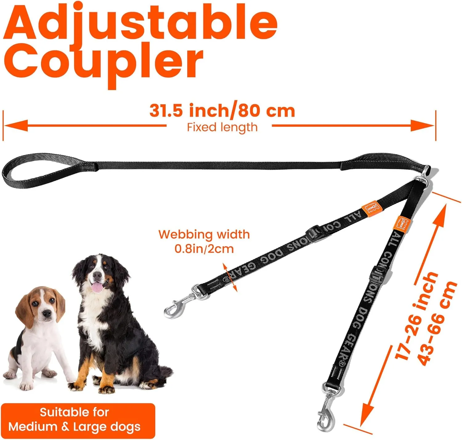 HOWGO Double Dog Leash, No Tangle 360 Swivel, Adjustable Two Padded Handles, Double Clip Dog Leash Coupler Splitter for Large and Medium Breeds (Orange, 4/5'' x 4.8 FT)