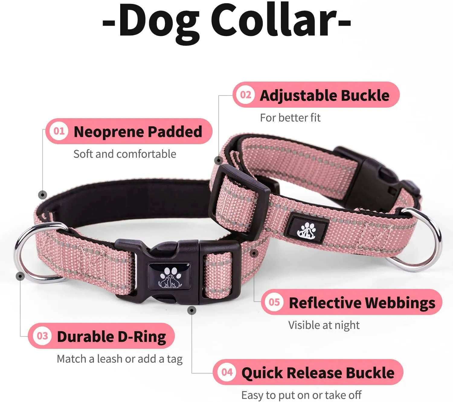 IVY&LANE Reflective Dog Collar and Leash Set,Adjustable Neoprene Padded Dog Collars for Puppy, Breathable Nylon Pet Collar for Small Medium Large Dogs (Medium,Pink)
