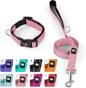 IVY&LANE Reflective Dog Collar and Leash Set,Adjustable Neoprene Padded Dog Collars for Puppy, Breathable Nylon Pet Collar for Small Medium Large Dogs (Medium,Pink)