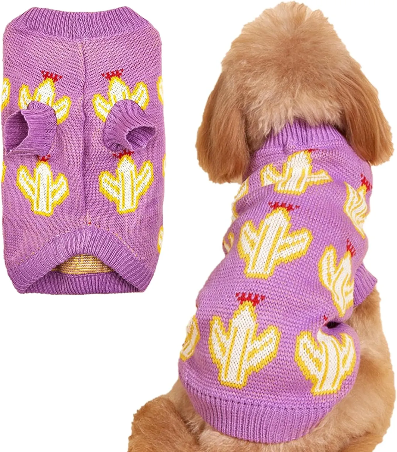 Jecikelon Knit Small Dog Sweater Cactus Soft Puppy Knitwear Clothes Winter Warm Pet Pullover Sweater for Small Dogs Cats Outfits Clothing (X-Large, Purple)
