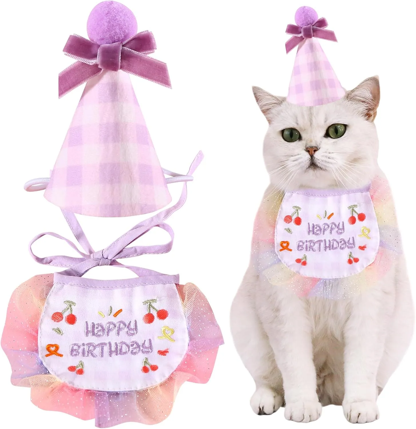 Kunyeah 2Pcs Pet Happy Birthday Hat Scarf Set Cute Embroidered Cat Bandana Outfit Pet Bowknot Cone Hat Cat Plaid Pattern Princess Costumes Dog Lace Bib Pet Party Supplies Decoration (Purple)