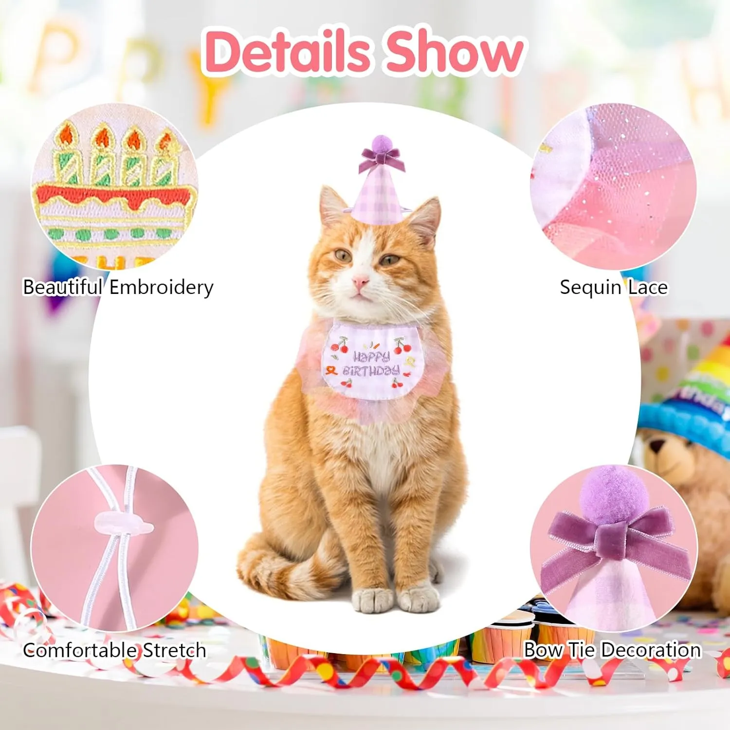 Kunyeah 2Pcs Pet Happy Birthday Hat Scarf Set Cute Embroidered Cat Bandana Outfit Pet Bowknot Cone Hat Cat Plaid Pattern Princess Costumes Dog Lace Bib Pet Party Supplies Decoration (Purple)