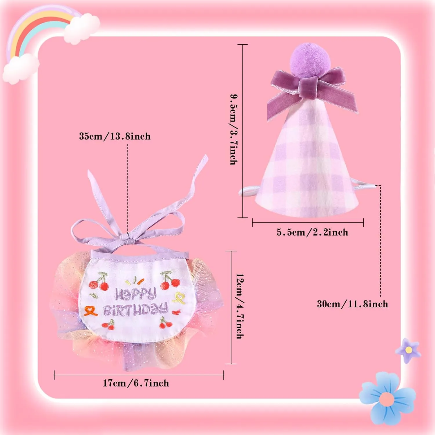 Kunyeah 2Pcs Pet Happy Birthday Hat Scarf Set Cute Embroidered Cat Bandana Outfit Pet Bowknot Cone Hat Cat Plaid Pattern Princess Costumes Dog Lace Bib Pet Party Supplies Decoration (Purple)