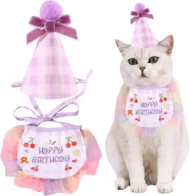 Kunyeah 2Pcs Pet Happy Birthday Hat Scarf Set Cute Embroidered Cat Bandana Outfit Pet Bowknot Cone Hat Cat Plaid Pattern Princess Costumes Dog Lace Bib Pet Party Supplies Decoration (Purple)