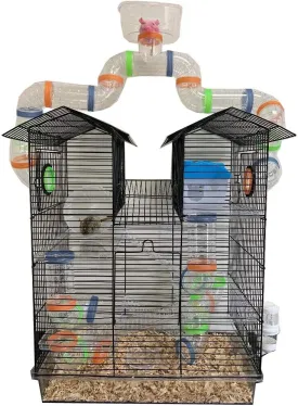 Large Multi-Floors Expandable and Customizable Twin Tower Mansion with Top Lookout Play Zone On Crossover Tube Tunnel for Syrian Hamster Rodent Gerbil Mouse Mice Rat Cage Deep Acrylic Clear Base