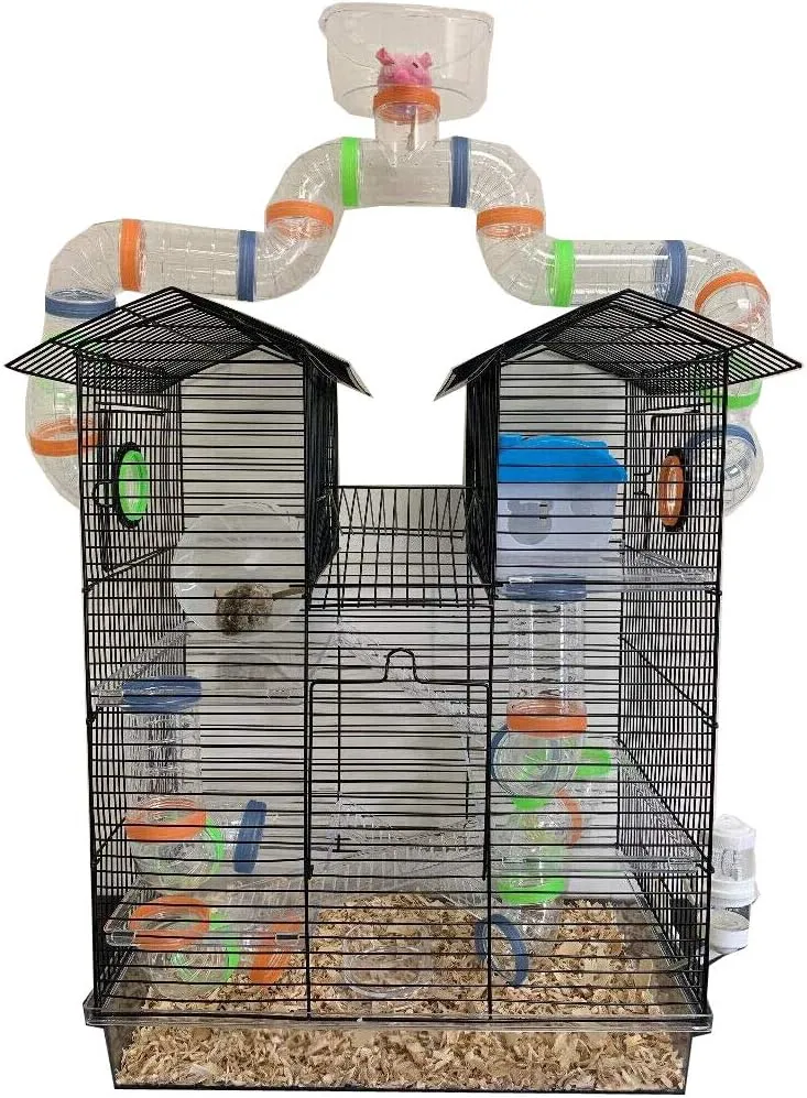 Large Multi-Floors Expandable and Customizable Twin Tower Mansion with Top Lookout Play Zone On Crossover Tube Tunnel for Syrian Hamster Rodent Gerbil Mouse Mice Rat Cage Deep Acrylic Clear Base