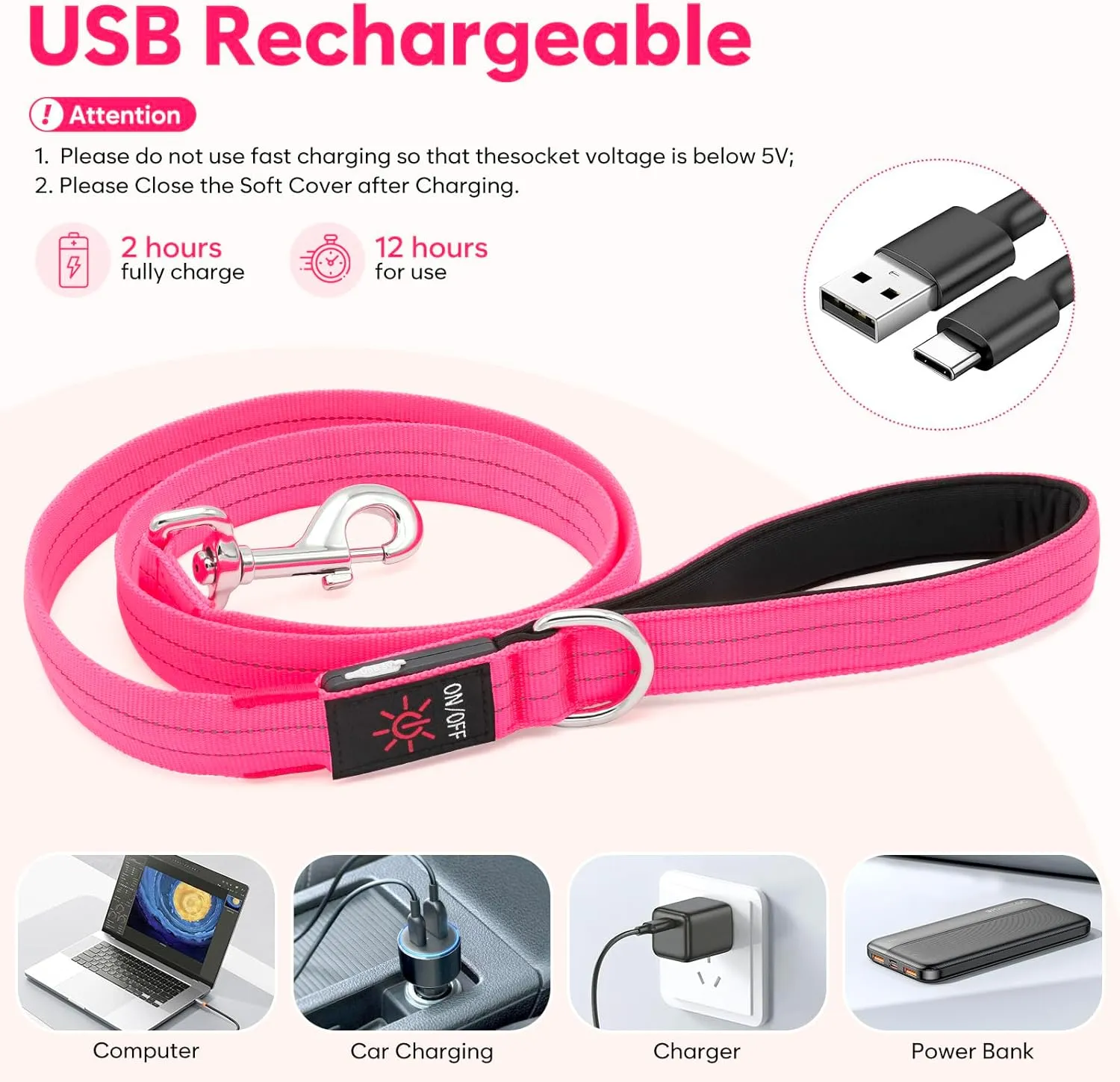 LED Dog Leash, 4 Ft Light Up, USB Rechargeable, Waterproof, Nylon Reflective with Padded Handle, Glow in The Dark for Large, Medium, Small Pets (Pink)